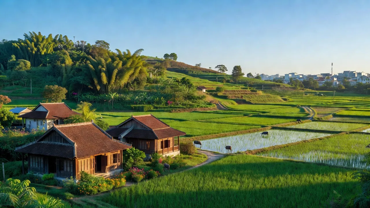 Khung cảnh Huyện Hòa Vang, Đà Nẵng với ruộng xanh và nhà truyền thống, vẻ đẹp thiên nhiên.