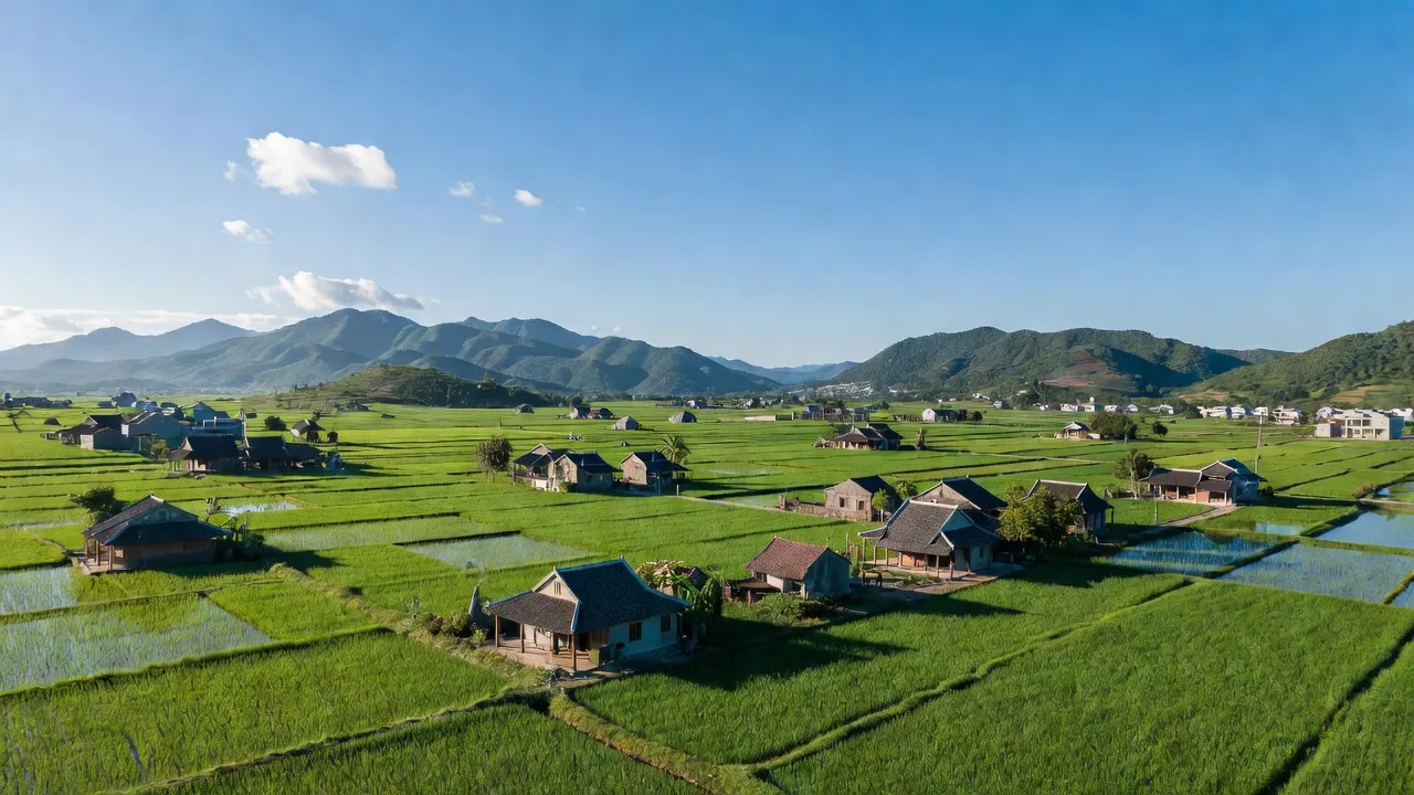 Khung cảnh xã Hòa Khương, huyện Hòa Vang, Đà Nẵng với cánh đồng xanh và đồi núi