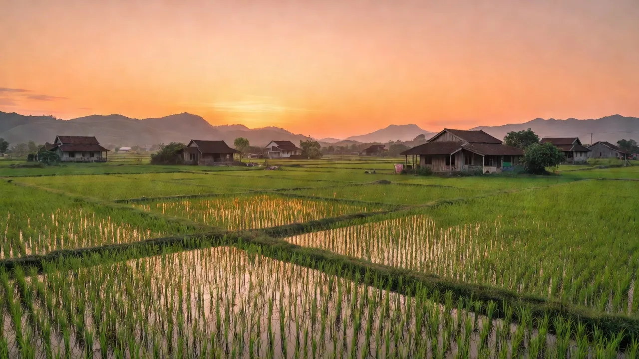 Khung cảnh yên bình xã Hòa Liên, huyện Hòa Vang, Đà Nẵng với ruộng lúa và nhà truyền thống.