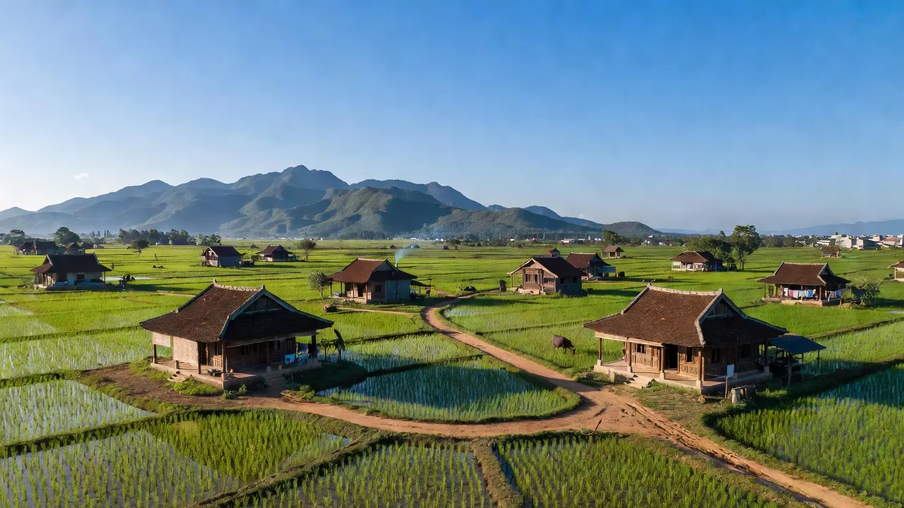 Cảnh đẹp tại xã Hòa Ninh, huyện Hòa Vang, Đà Nẵng với cánh đồng xanh rì và nhà truyền thống.