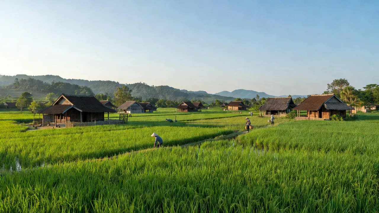 Cảnh đồng quê tại Xã Hòa Ninh, huyện Hòa Vang, với cánh đồng và nhà truyền thống.