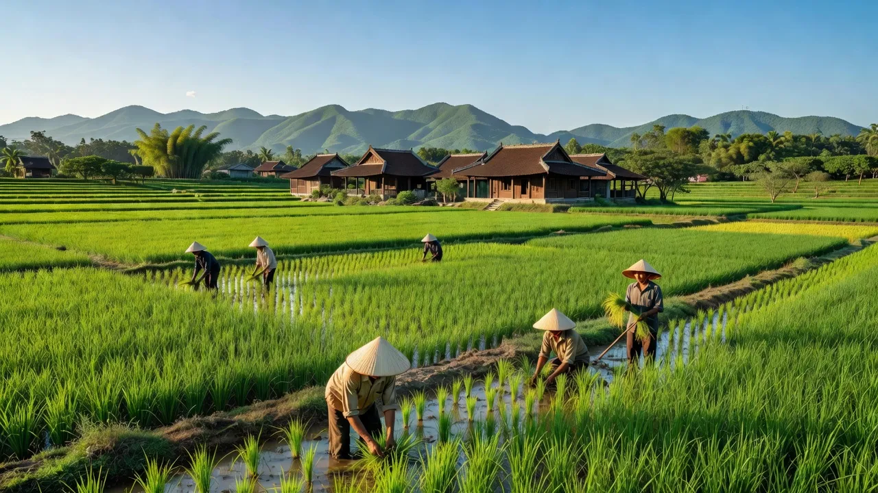 Khung cảnh xã Hòa Phong, huyện Hòa Vang, Đà Nẵng với cánh đồng xanh và nhà truyền thống.