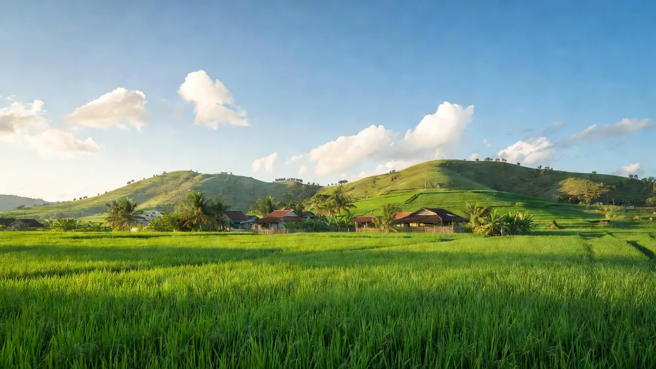 Khung cảnh xã Hòa Phú, huyện Hòa Vang, Đà Nẵng với đồng xanh và đồi thoai thoải.