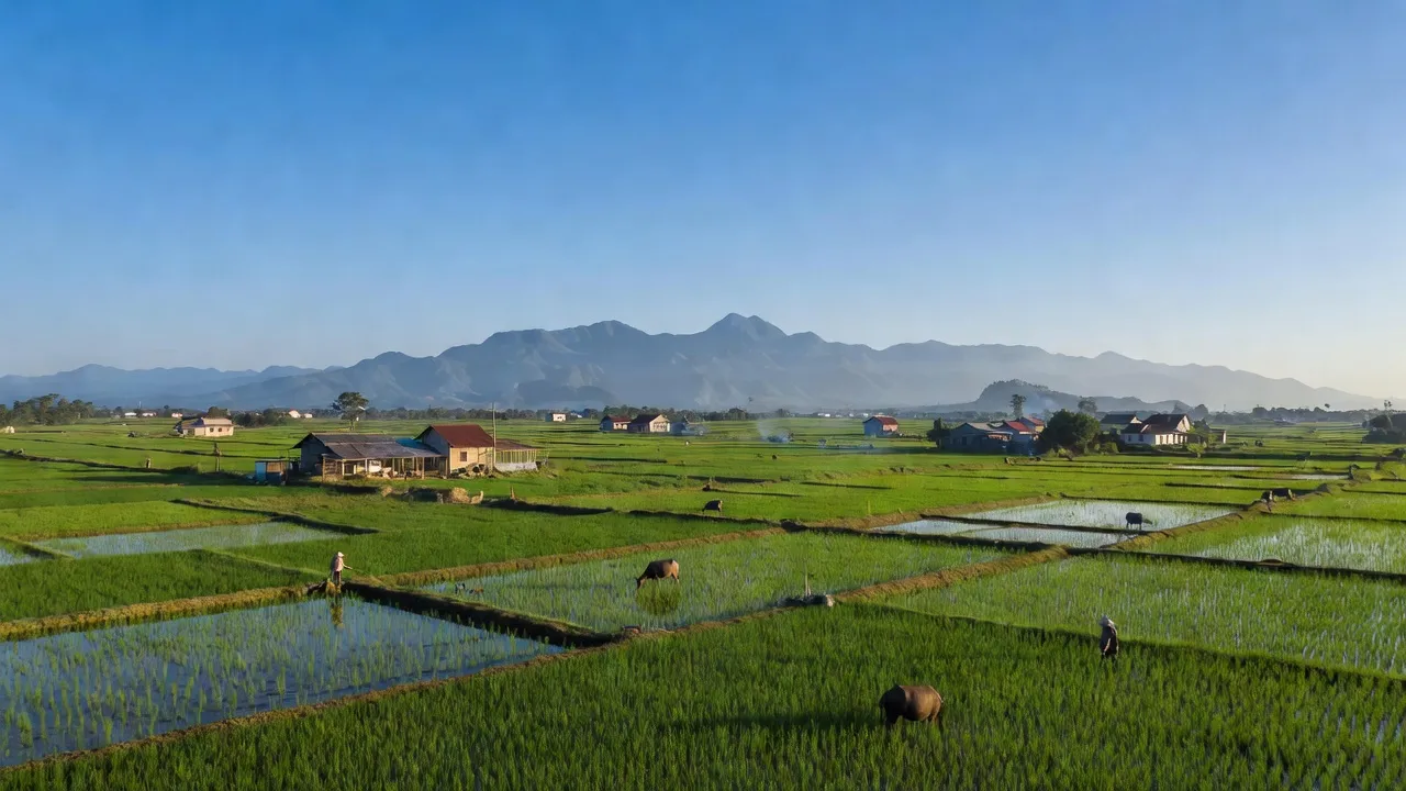 Phong cảnh yên bình tại xã Hòa Phước, huyện Hòa Vang, Đà Nẵng với cây xanh và đồng ruộng.
