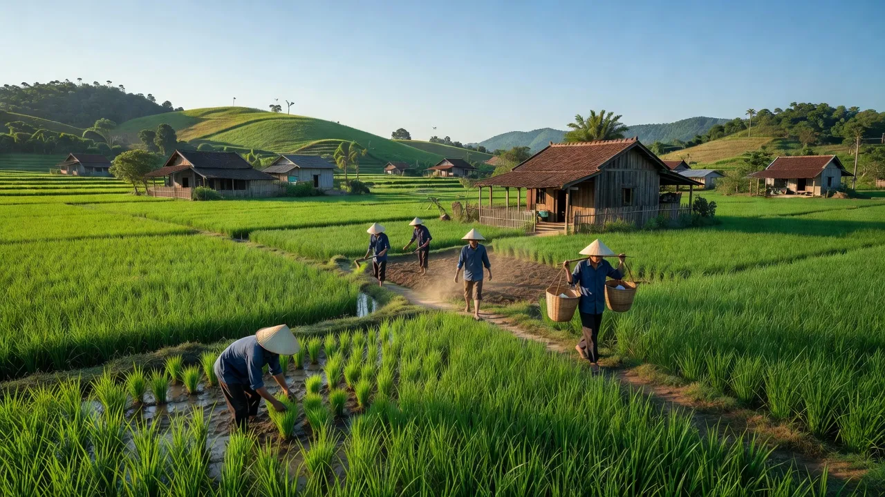 Cảnh đẹp yên bình ở xã Hòa Sơn, huyện Hòa Vang, thành phố Đà Nẵng, với cánh đồng xanh và nhà truyền thống.