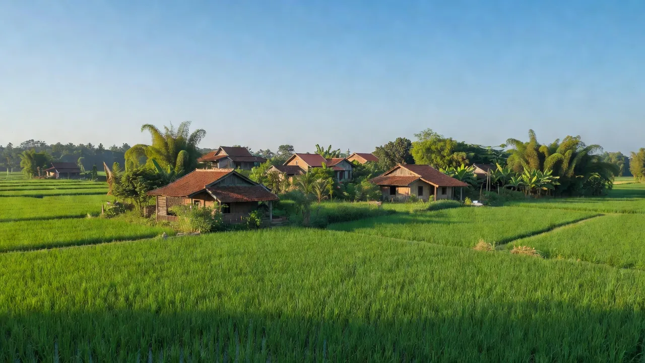 Cảnh quan nông thôn xã Hòa Tiến, huyện Hòa Vang, Đà Nẵng với cánh đồng và nhà truyền thống.
