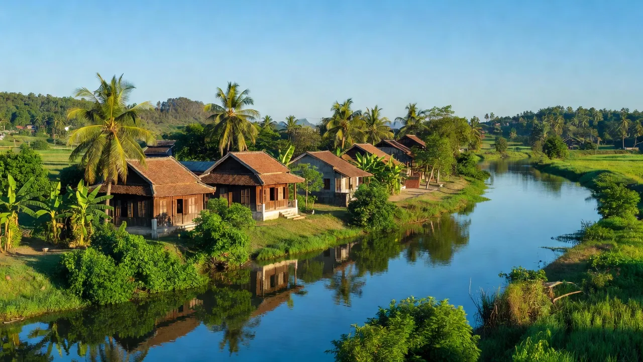 Quang cảnh Phường Hòa Thọ Đông, Quận Cẩm Lệ, Thành phố Đà Nẵng, dòng sông và nhà truyền thống.