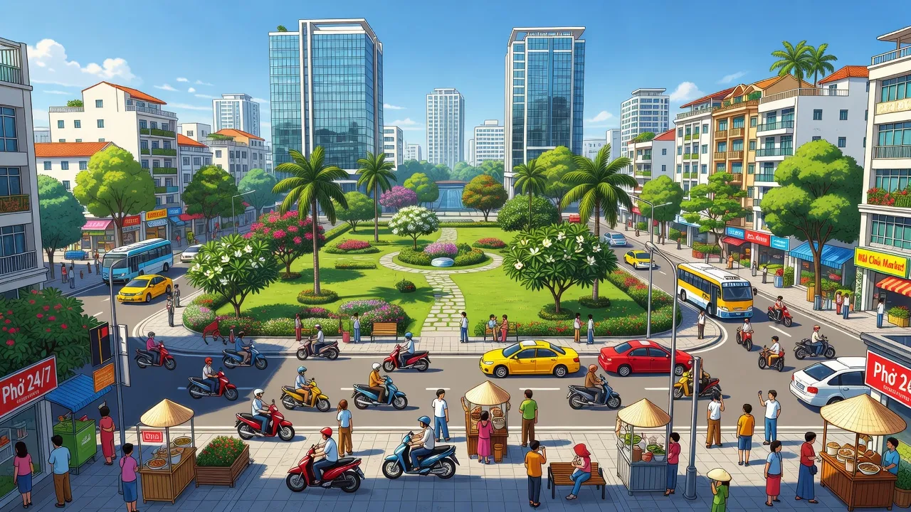 Khung cảnh nhộn nhịp tại phường Hải Châu, Đà Nẵng với các tòa nhà, công viên và người dân.