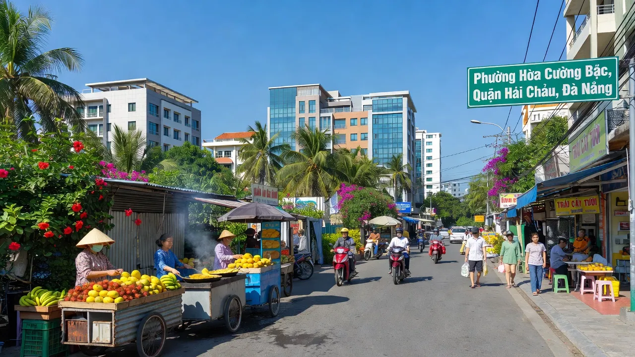 Cảnh đường phố sôi động ở Phường Hòa Cường Bắc, Quận Hải Châu, Đà Nẵng, với người dân và cây cối xanh tươi.