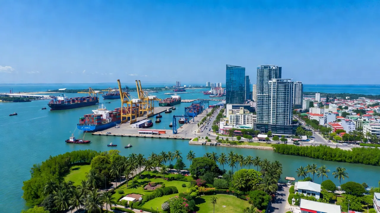 Khung cảnh phường Thuận Phước, Quận Hải Châu, Đà Nẵng với hoạt động cảng biển và kiến trúc hiện đại.