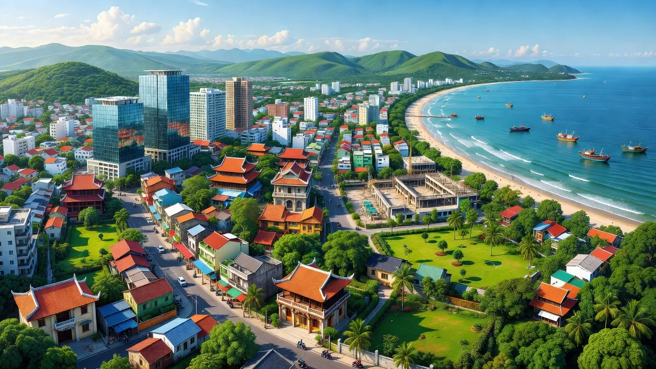 Quận Liên Chiểu, Đà Nẵng với cảnh quan đô thị và phát triển kinh tế biển, nền xanh.