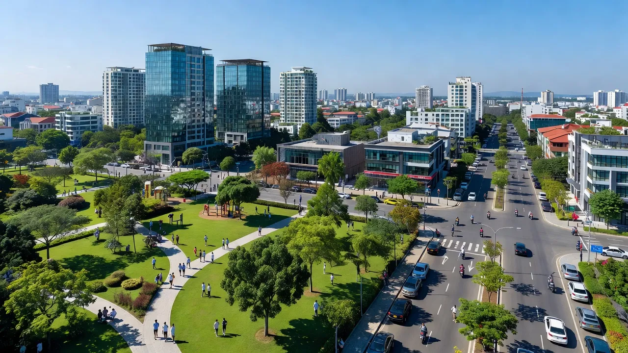 Cảnh đẹp khu vực Hoà Khánh Bắc, Quận Liên Chiểu, Đà Nẵng, với hạ tầng hiện đại và cuộc sống đô thị.