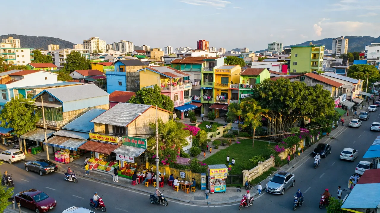 Cảnh quan sôi động Phường Hòa Khánh Nam, Quận Liên Chiểu, Đà Nẵng với nhà cửa và đường bộ.