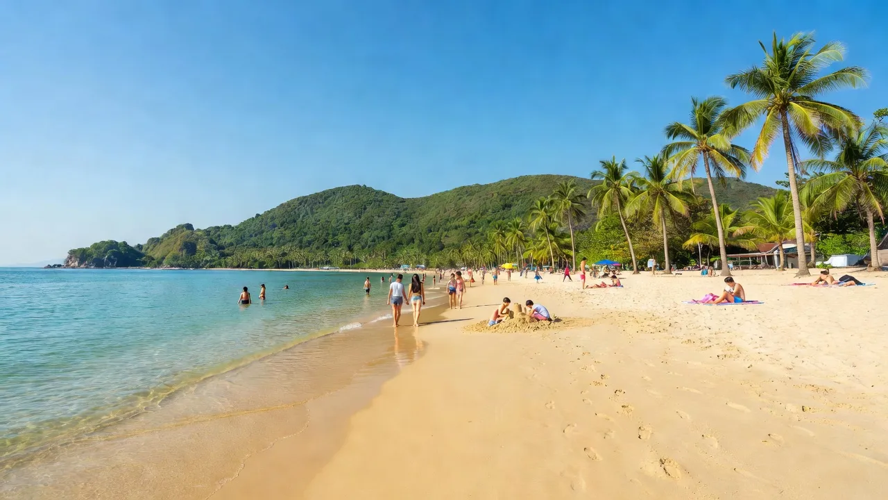 Bãi biển Ngũ Hành Sơn, Đà Nẵng với nước trong xanh, cát vàng và đồi xanh rì.