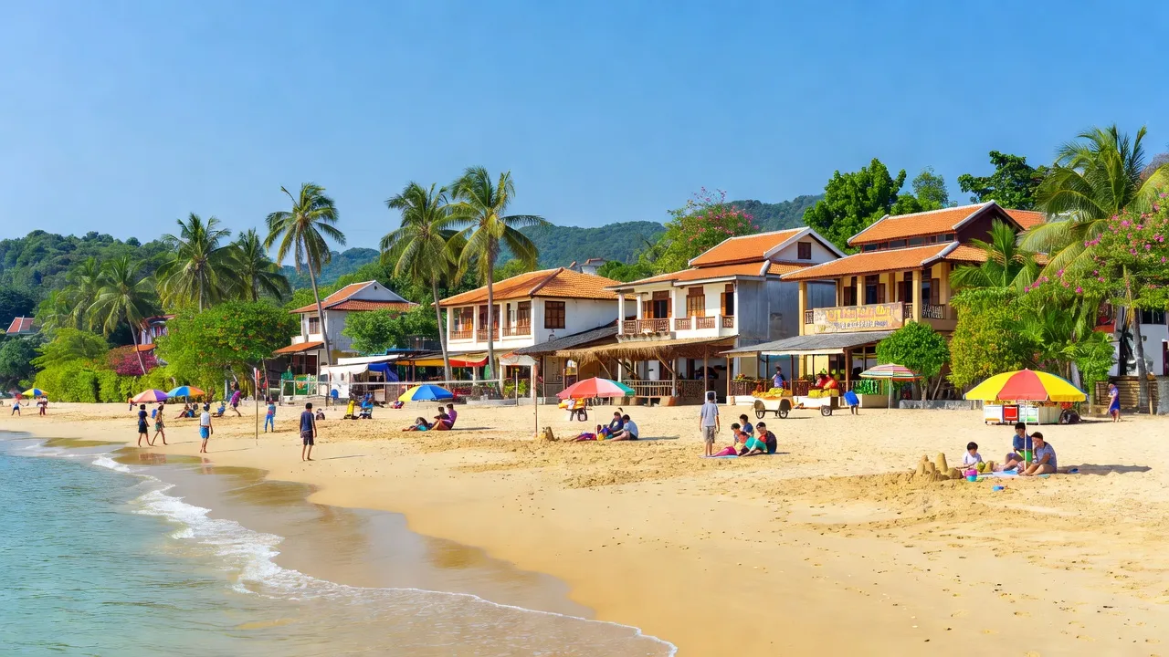 Quang cảnh Phường Khuê Mỹ, quận Ngũ Hành Sơn, Đà Nẵng với bãi biển tươi đẹp, hoạt động nhộn nhịp.