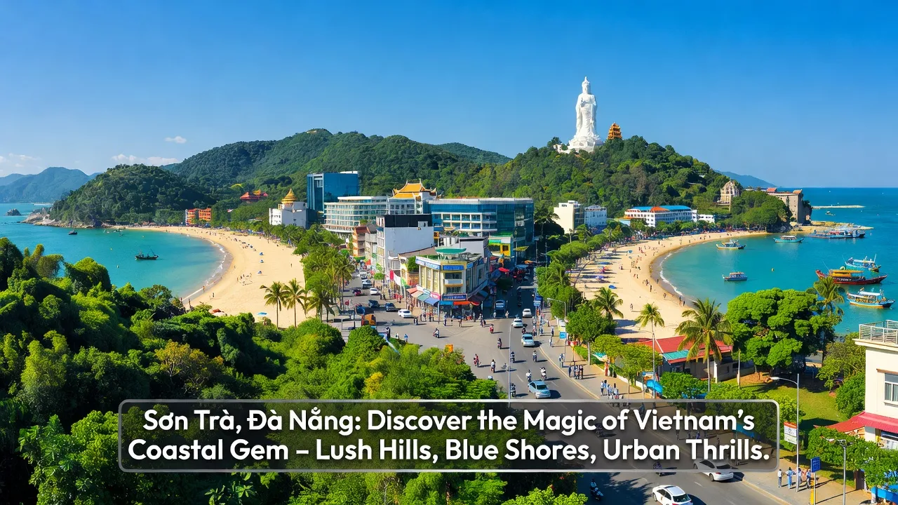 Khung cảnh quận Sơn Trà, Đà Nẵng với bờ biển xanh và đồi núi xanh tươi.