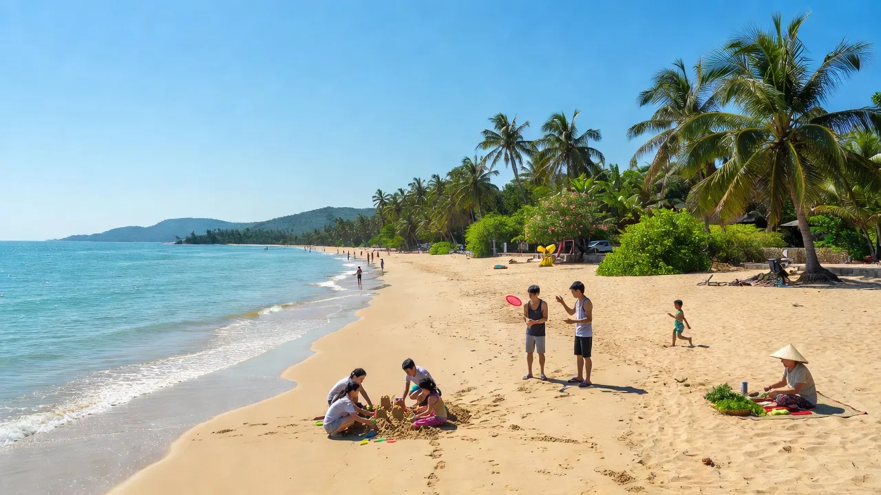 Khung cảnh Phường Mân Thái, Đà Nẵng với bãi biển, cây xanh và đời sống địa phương.