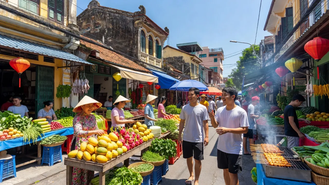 Khung cảnh đường phố đông đúc ở Phường An Khê, Quận Thanh Khê, với chợ truyền thống và người dân địa phương.