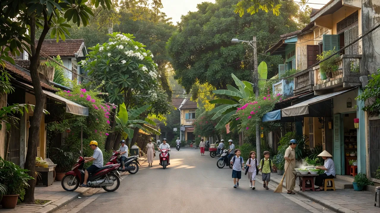Bức tranh thể hiện cảnh quan Phường Chính Gián, Quận Thanh Khê, Đà Nẵng với đời sống địa phương.