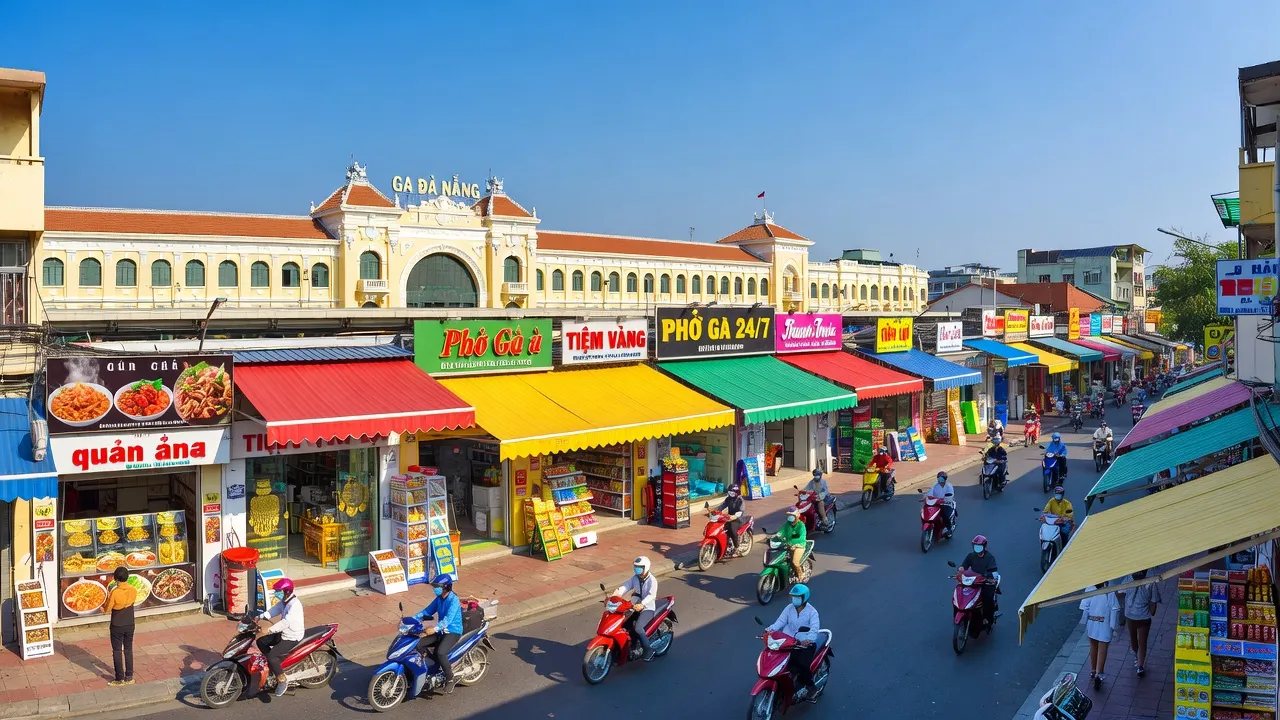 Khung cảnh Phường Thanh Khê Đông, Đà Nẵng với ga đường sắt và cảnh quan đô thị sôi động.
