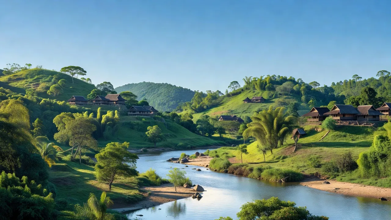 Khung cảnh huyện Buôn Đôn Đắk Lắk với đồi núi xanh và nhà truyền thống của các dân tộc.