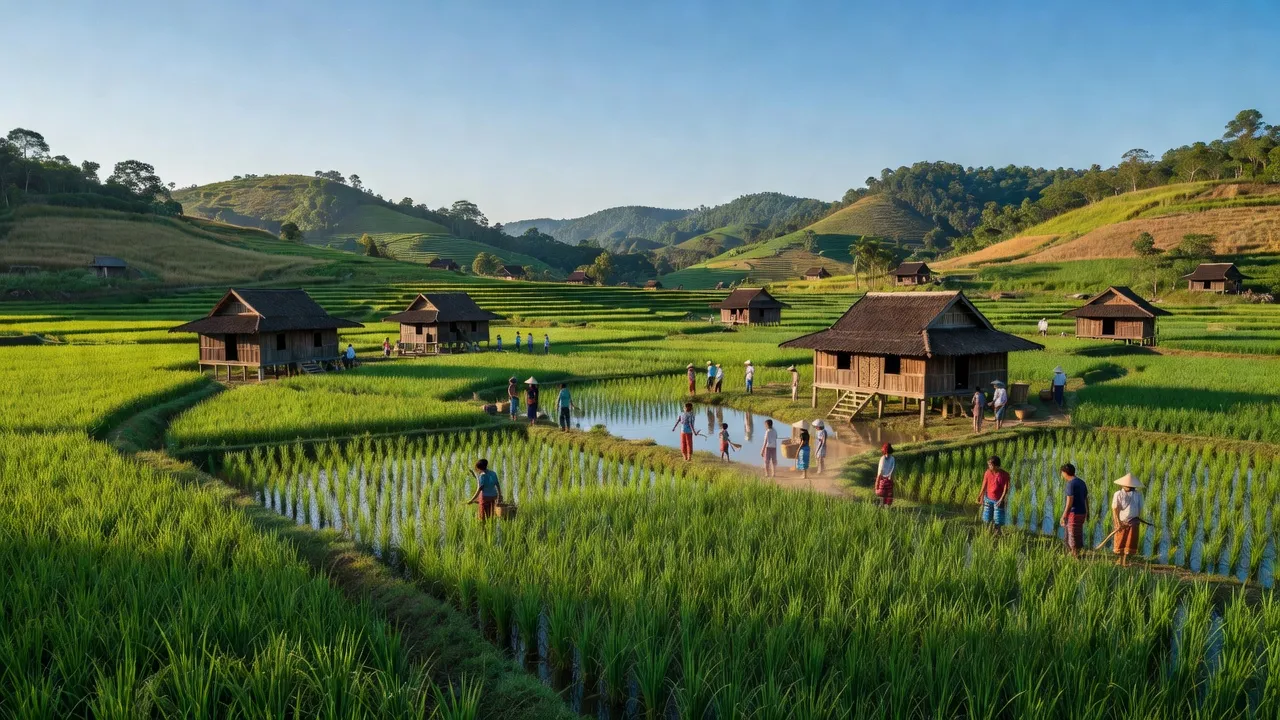 Cảnh đẹp xã Ea Bar, huyện Buôn Đôn, Đắk Lắk với ruộng xanh và nhà truyền thống.