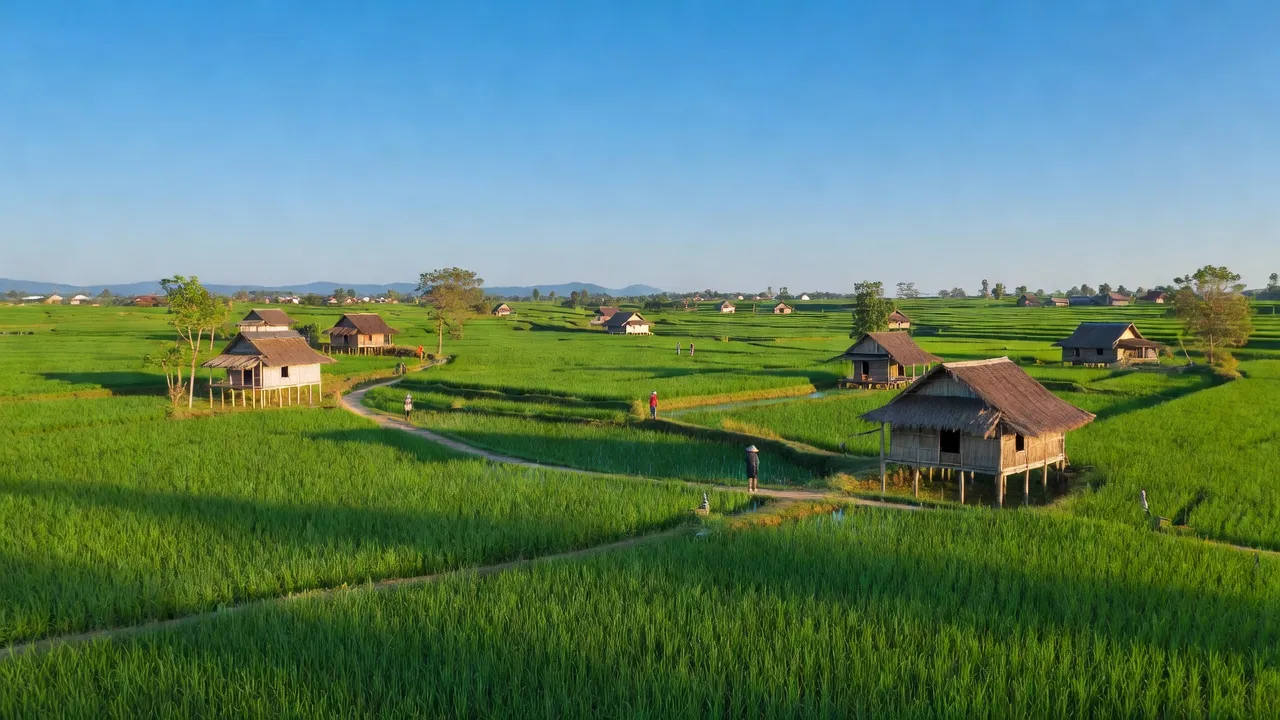 Cảnh nông thôn xã Ea Bar, huyện Buôn Đôn, tỉnh Đắk Lắk với ruộng lúa xanh tươi.