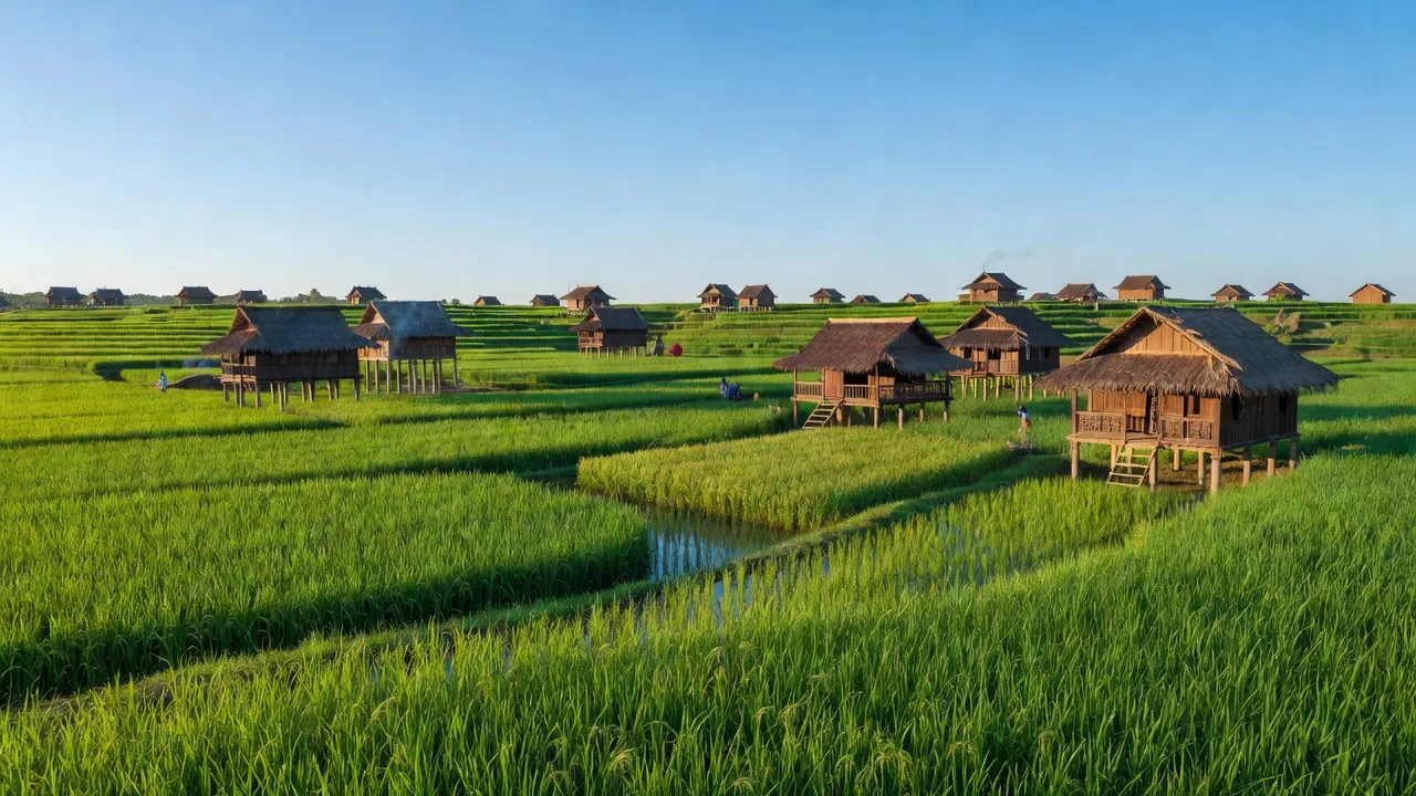 Cảnh quang xã Ea Huar huyện Buôn Đôn tỉnh Đắk Lắk, với đồng lúa xanh tươi và nhà sàn truyền thống.