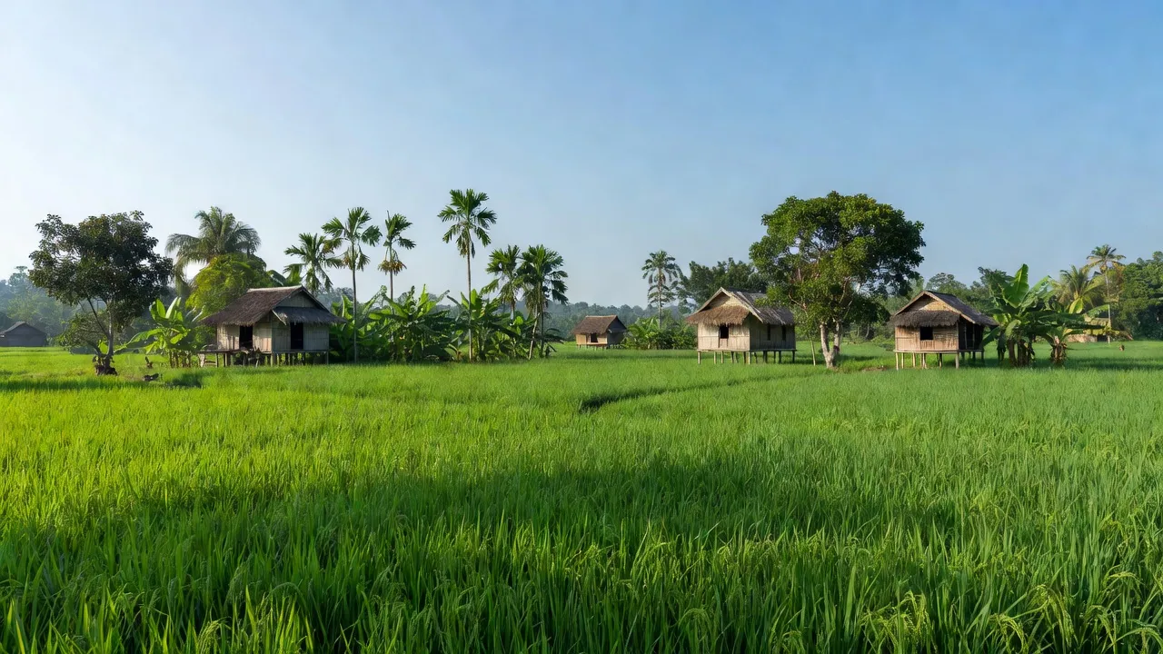 Cảnh làng quê xã Ea Nuôl, Buôn Đôn, Đắk Lắk với cánh đồng xanh và nhà sàn truyền thống.