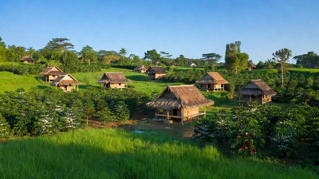 Khung cảnh nông thôn Ea Nuôl, Buôn Đôn với khí hậu nhiệt đới – cây xanh, nhà cửa truyền thống.