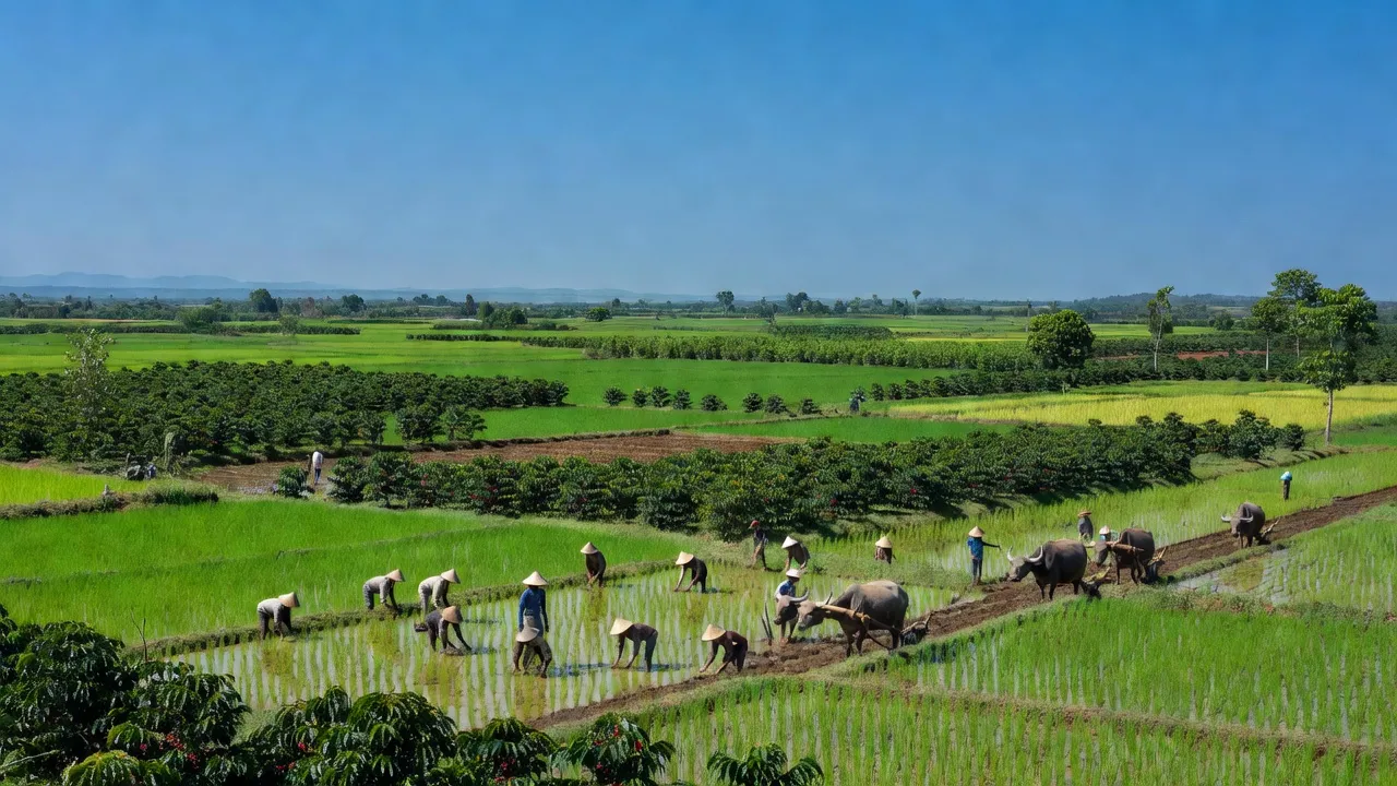 Khung cảnh xanh tươi của xã Ea Wer, huyện Buôn Đôn, tỉnh Đắk Lắk, với cánh đồng nông nghiệp.