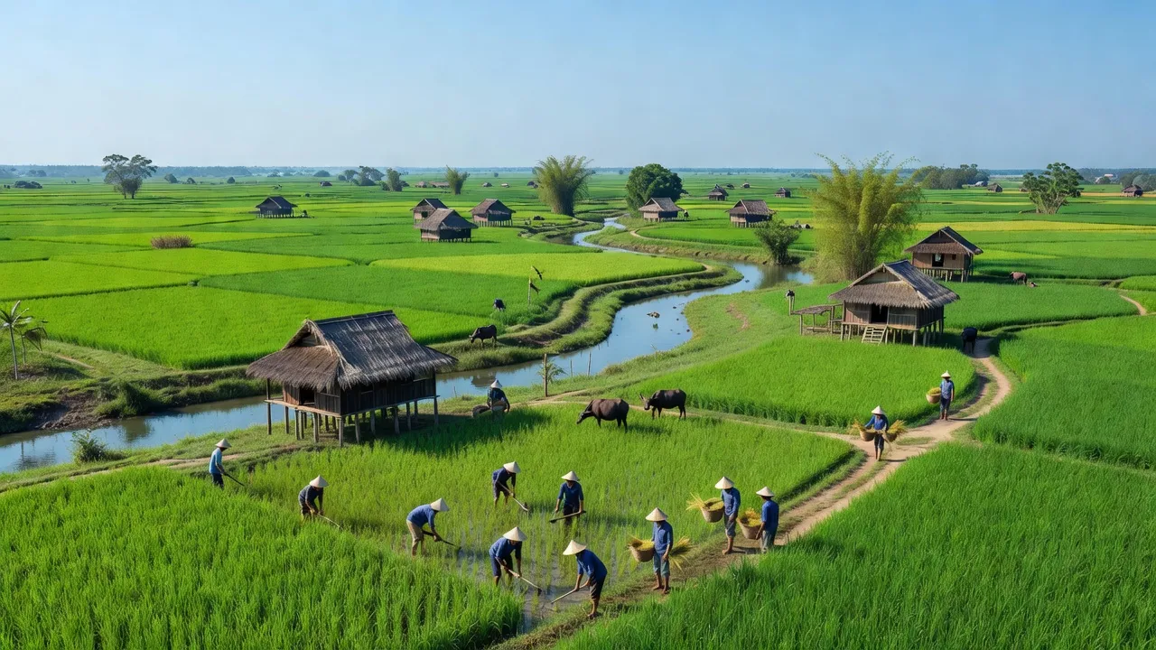 Xã Ea Wer, Huyện Buôn Đôn, Tỉnh Đắk Lắk, với cảnh đồng xanh và nhà sàn truyền thống.