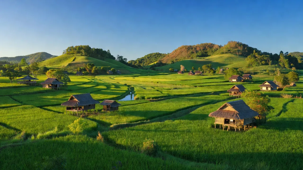 Khung cảnh xã Krông Na, Buôn Đôn, Đắk Lắk với cánh đồng xanh và nhà truyền thống.