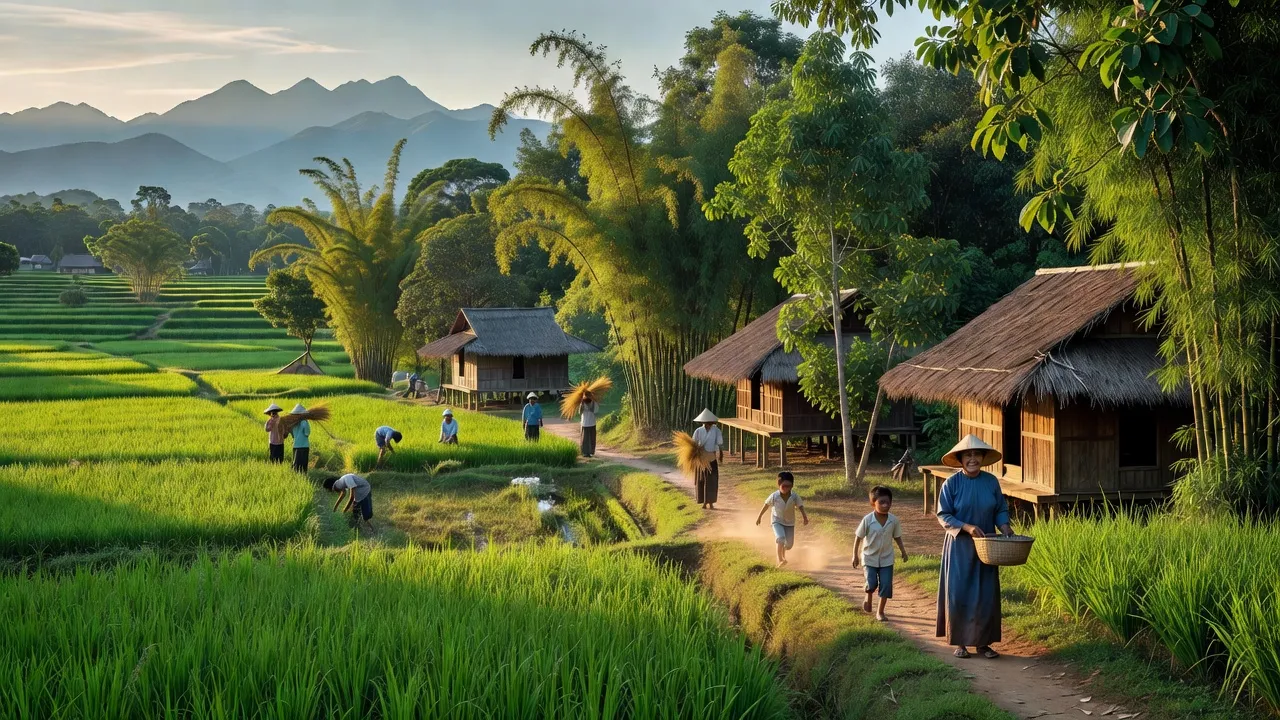 Cảnh đẹp xã Tân Hoà, huyện Buôn Đôn, Đắk Lắk với cảnh quan xanh tươi và nhà truyền thống.