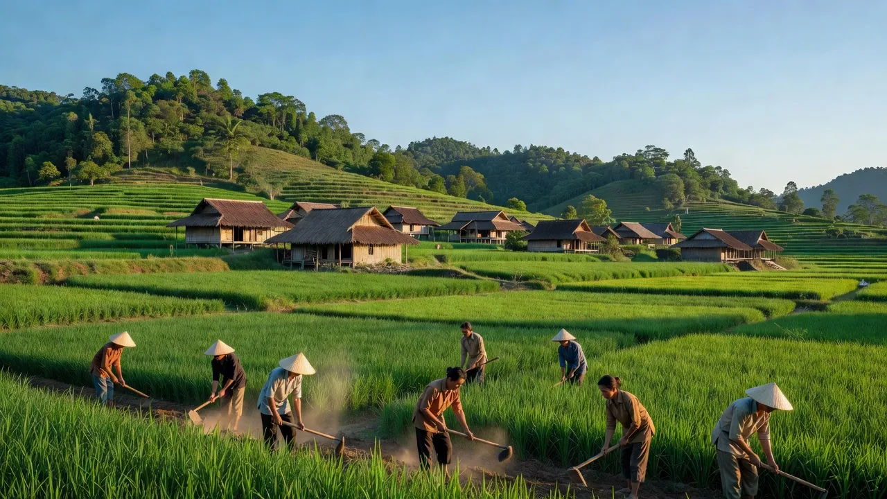 Khung cảnh xã Tân Hoà, huyện Buôn Đôn, Đắk Lắk, với cánh đồng xanh và nhà truyền thống.