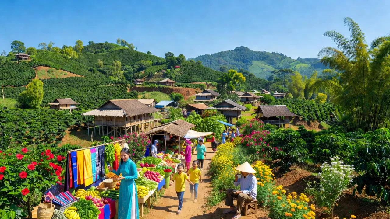 Khung cảnh thị xã Buôn Hồ, Đắk Lắk với cánh đồng xanh và cuộc sống hàng ngày nhộn nhịp.