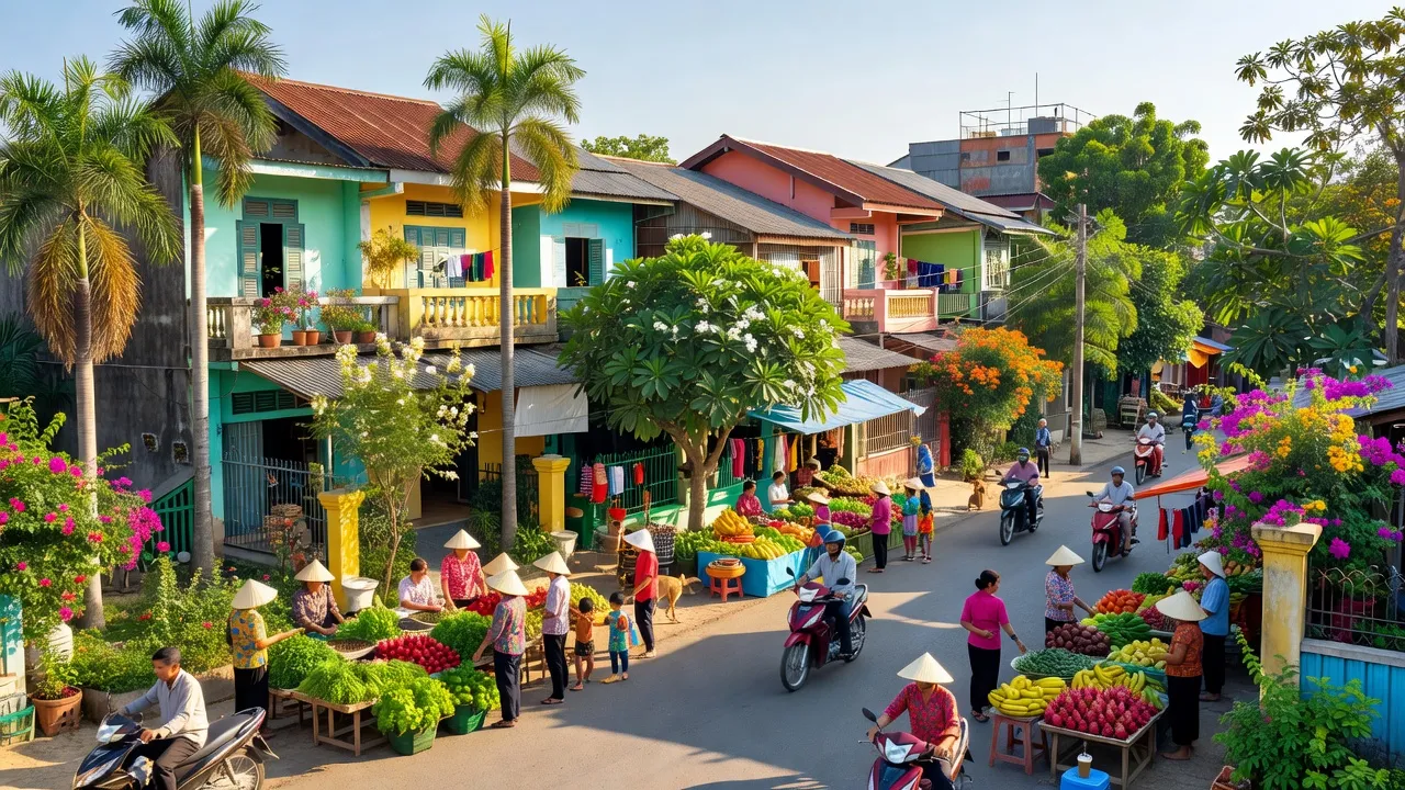 Cảnh quan tại Phường An Bình, Thị Xã Buôn Hồ, Đắk Lắk, với những ngôi nhà và hoạt động sôi nổi.