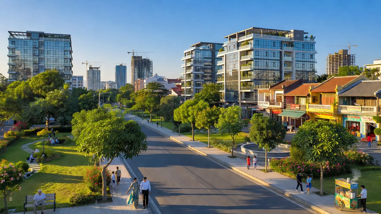 Khung cảnh hiện đại tại Phường An Lạc, Thị Xã Buôn Hồ, Đắk Lắk, với kiến trúc đô thị và không gian xanh.
