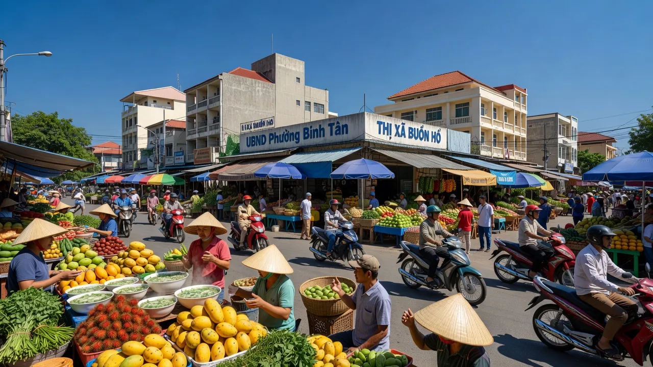 Khung cảnh nhộn nhịp tại Phường Bình Tân, Thị Xã Buôn Hồ với các hoạt động cộng đồng và kiến trúc hành chính.