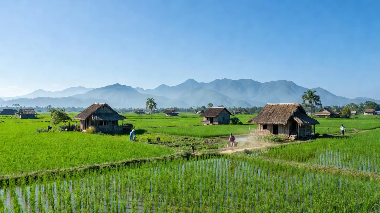 Cảnh đẹp xã Bình Thuận, Buôn Hồ, Đắk Lắk với cánh đồng xanh và nhà cửa truyền thống.