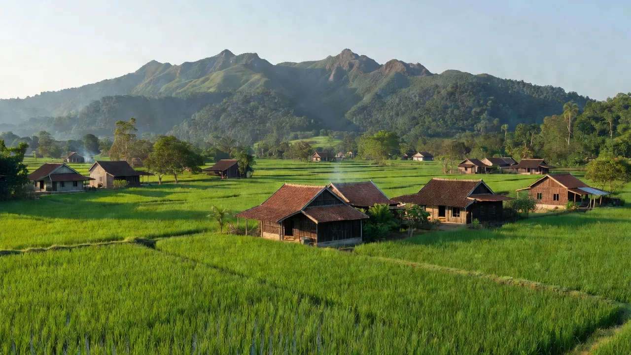 Cảnh sắc xã Bình Thuận, thị xã Buôn Hồ, tỉnh Đắk Lắk với ruộng xanh và nhà truyền thống.