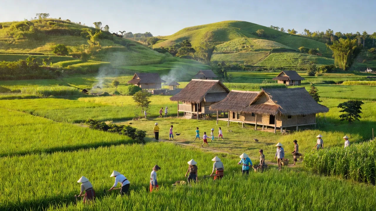 Cảnh đẹp xã Cư Bao, Buôn Hồ, Đắk Lắk với cánh đồng xanh và nhà truyền thống.