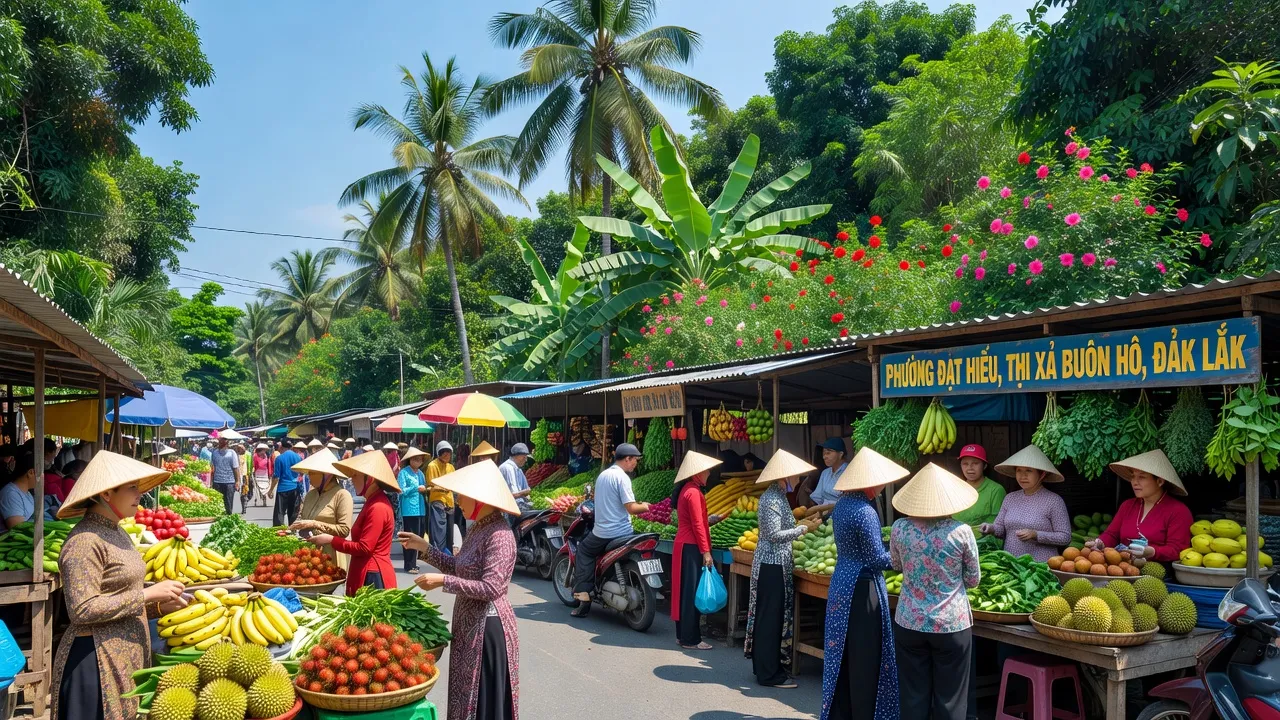 Khu phố nhộn nhịp ở Phường Đạt Hiếu, Thị xã Buôn Hồ, Đắk Lắk, cuộc sống hàng ngày, thị trường sôi động.