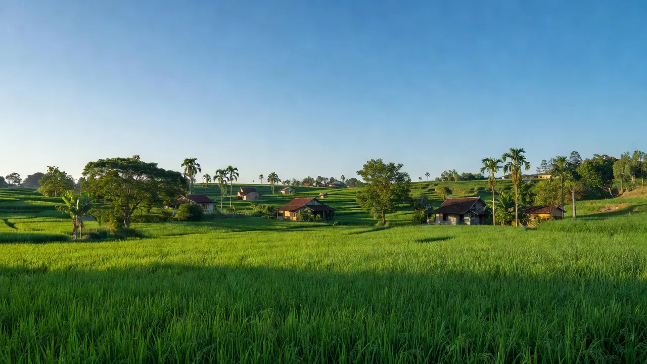 Phường Đạt Hiếu, Thị Xã Buôn Hồ, Đắk Lắk với cánh đồng xanh và bầu trời trong xanh.