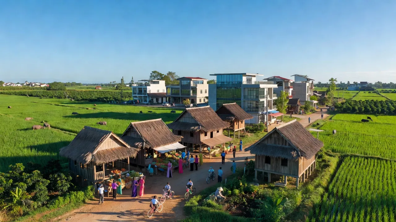 Khung cảnh Phường Thống Nhất, Buôn Hồ, Đắk Lắk với nhà truyền thống và cánh đồng xanh.