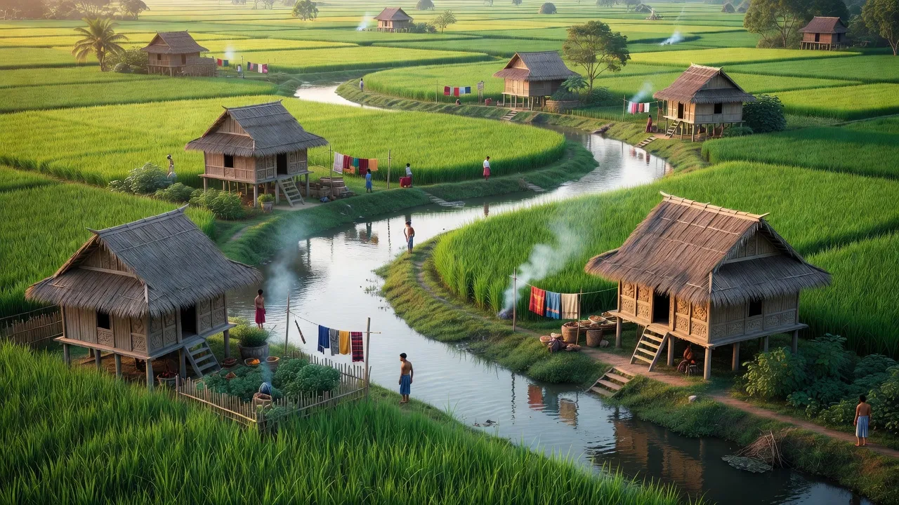 Cảnh quan nông thôn xã Cư ÊBur, Buôn Ma Thuột, Đắk Lắk với cánh đồng xanh và nhà truyền thống.