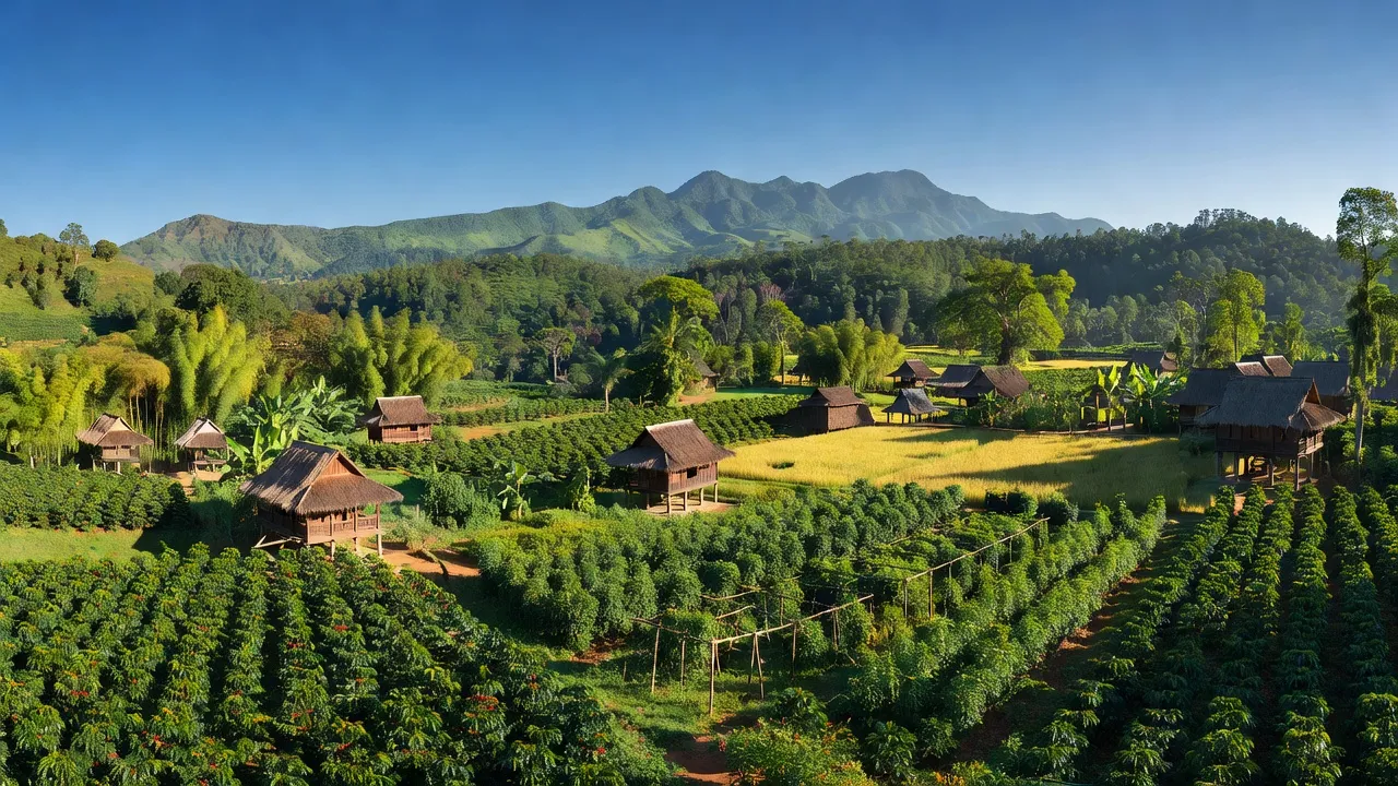 Cảnh đẹp Xã Hòa Khánh, Buôn Ma Thuột, Đắk Lắk với đồng ruộng và rừng xanh tốt.