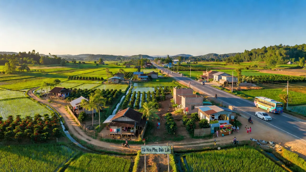 Cảnh đẹp xã Hòa Phú, Buôn Ma Thuột, Đắk Lắk với nông nghiệp và giao thông thuận lợi.