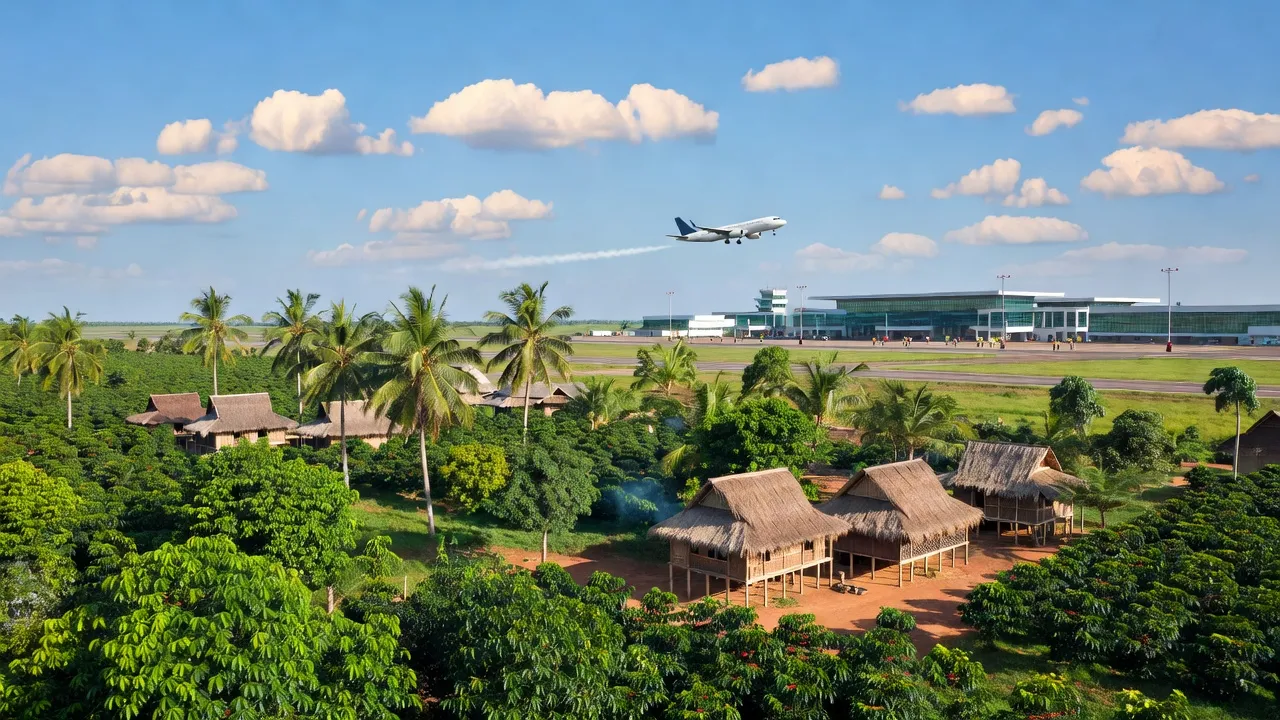 Khung cảnh Xã Hòa Thắng, Buôn Ma Thuột, Đắk Lắk với cánh đồng xanh và sân bay nhộn nhịp.