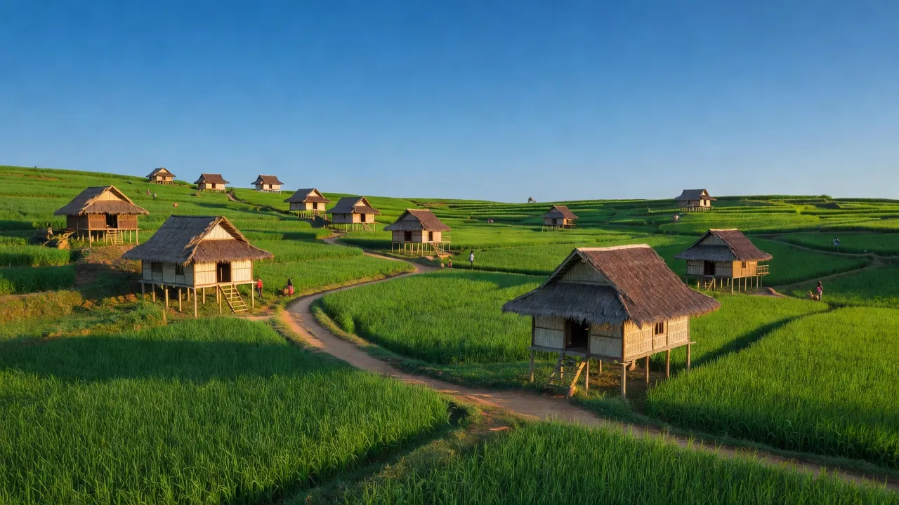 Khung cảnh tươi đẹp của xã Hòa Xuân, Buôn Ma Thuột, Đắk Lắk với thiên nhiên xanh tươi và nhà truyền thống.